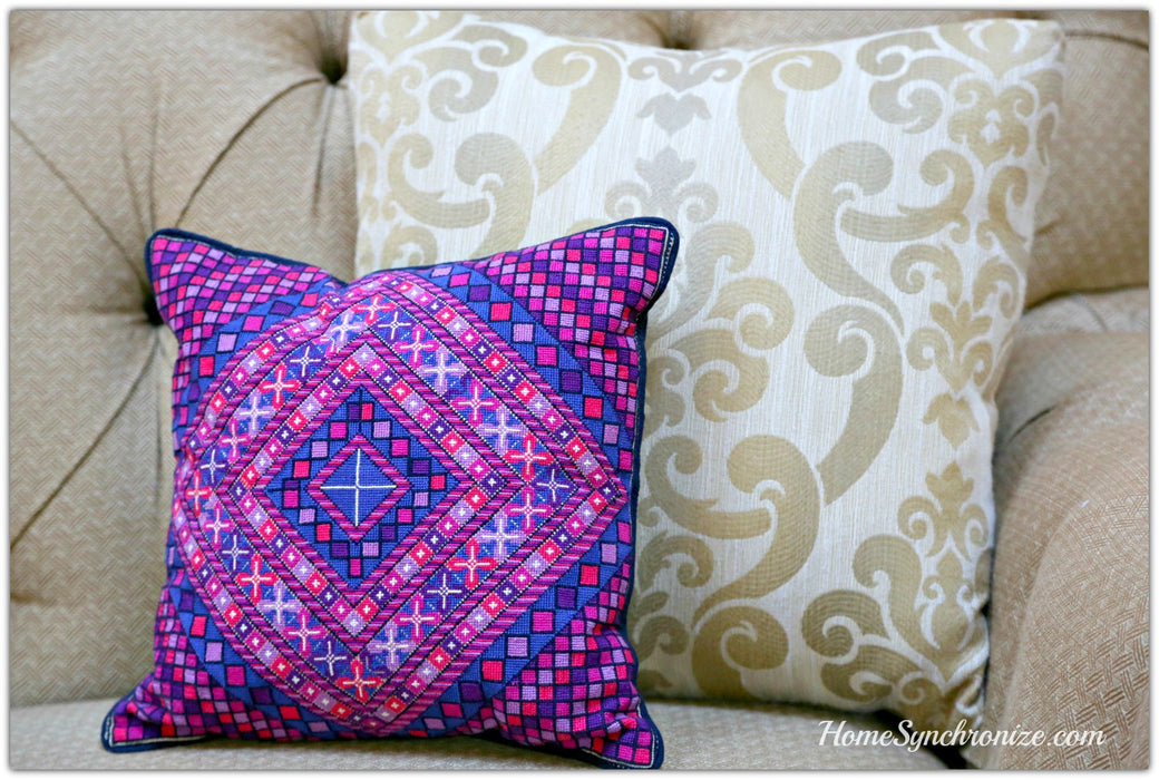 Pillow Cover Hand Stitched with Palestinian Patterns-Purple